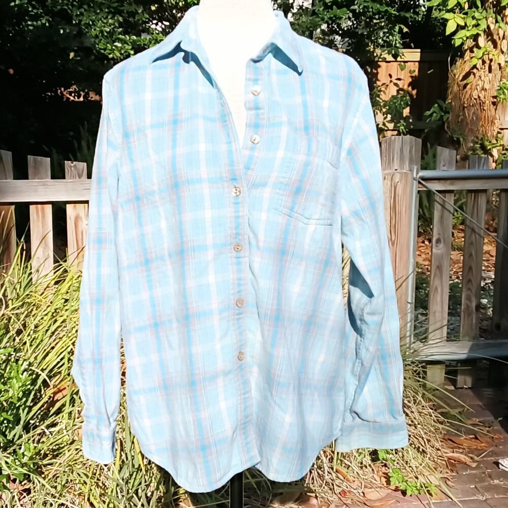 L.L. Bean Womens Gray White Blue Plaid Flannel Long Sleeve Button Up Shirt 💙🌼